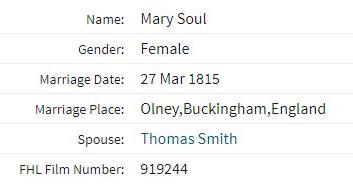 Marriage Olney, Buckingham, England 27 Mar 1815 Thomas Smith & Mary Soul